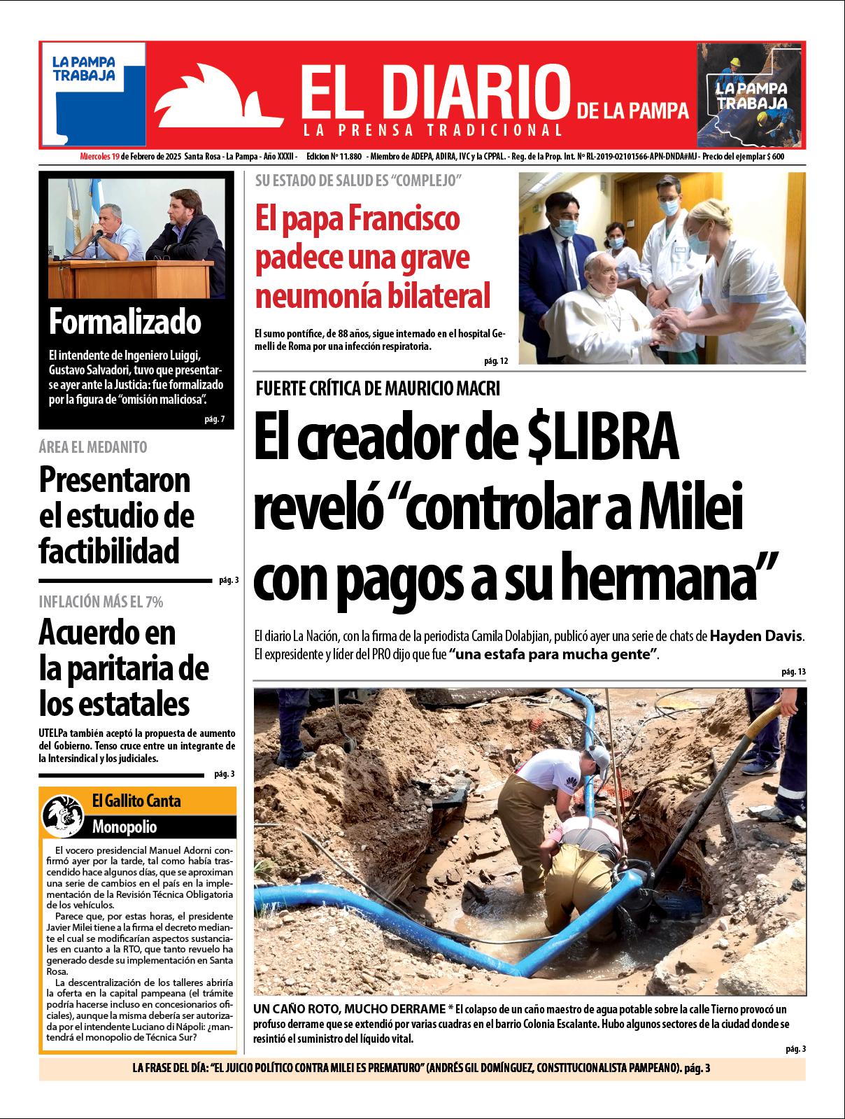 Tapa de El Diario en papel  mieacutercoles 19 de febrero de 2025